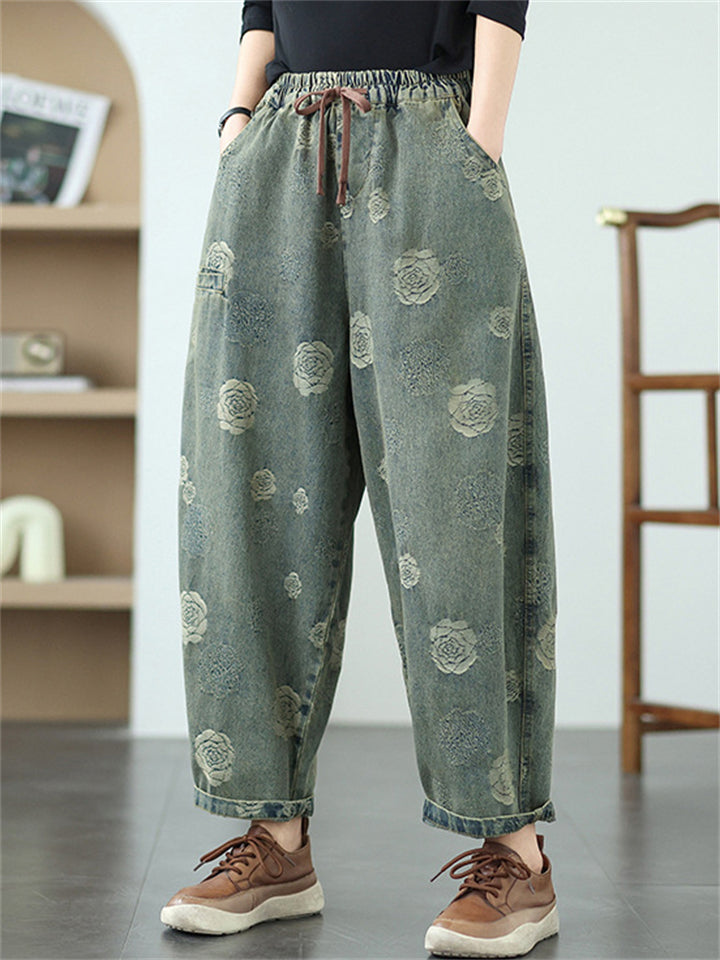 Women's Flower Print Elastic Waist Harem Cropped Jeans