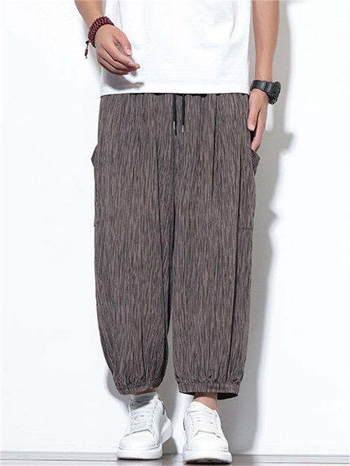 Men's Summer Cool Striped Pockets Wide Leg Beach Cropped Pants