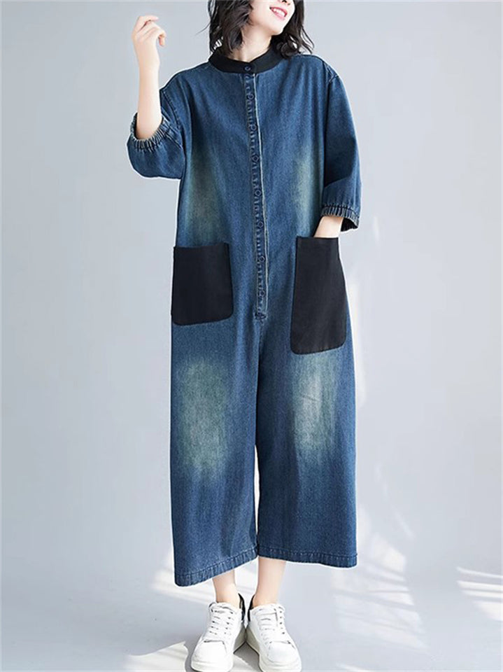 Retro Female Contrast Color Pockets Denim Jumpsuits
