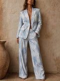 Women's Vintage Marble Print 2 Piece Blazer and Wide Leg Pants Set