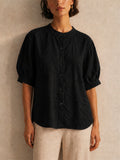 Women Linen Blend Puff Sleeve Button Down Summer Blouse