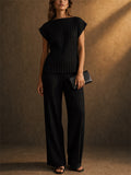 Women' s  2 Piece Plisse Pleated Top and Wide Leg Pants Set