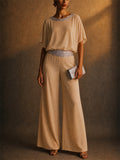 Women 2 Piece Causal Sequin BatWing Sleeve Top and Wide Leg Pants Set