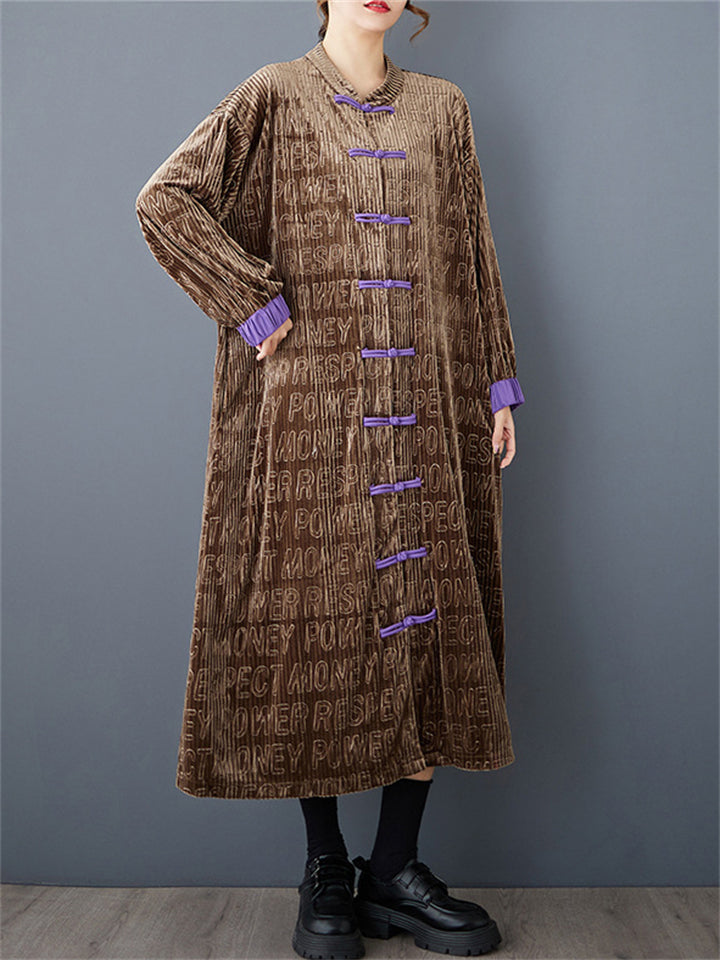 Women's Retro Brown Contrast Color Letter Print Long Coat