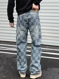 Men's Washed Streetwear Plaid Cotton Mid-waist Regular Fit Jeans