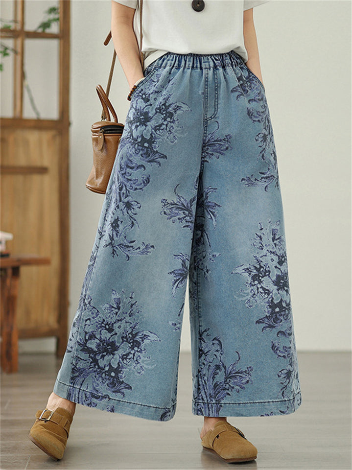 Summer Women's Flowers Print Wide Leg Jeans
