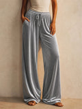 Women Velvet Wide Leg Pants Drawstring High Waist Casual Trousers