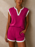 Womens Casual Contrast Trim V Notch Neck Shorts 2pc Set