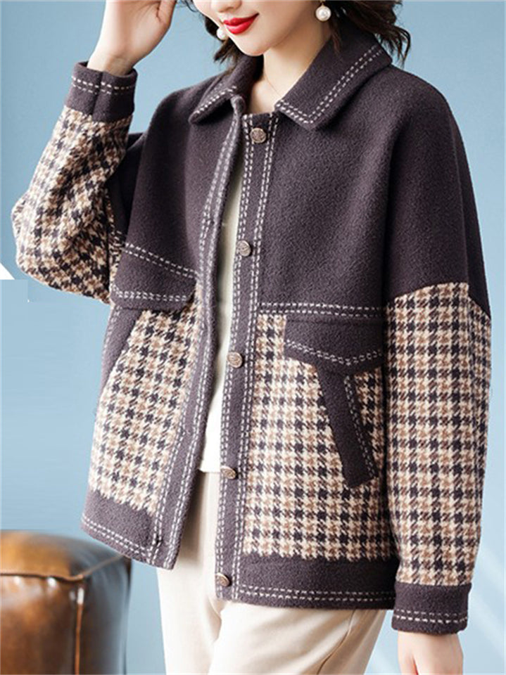 Women's Woolen Blend Houndstooth Patchwork Jacket