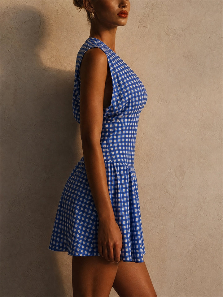 Women Blue Gingham One Shoulder Mini High Waist Summer Dress