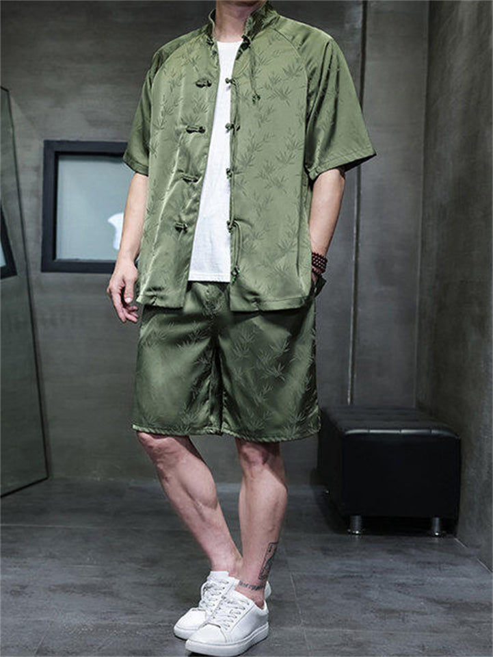 Men's 2Pcs Summer Bamboo Jacquard Stand Collar Short Sleeve Solid Color Outfits