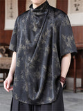 Men's Summer Black Cool Leaves Print Turtleneck Pile Collar Shirt