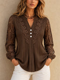 Women Lace Crochet V Neck Long Sleeve Button Down Blouse