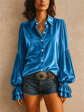 Women Velvet Ruffle Blouse Long Sleeve Button Down Shirt