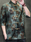 Chinese Style Print Frog Button Half Sleeve TangSuit Shirt for Men