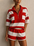 Womens Striped Quarter Zip Polo Shorts 2 Piece Lounge Set