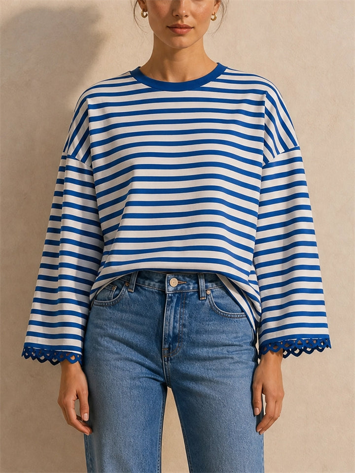 Womens Striped Oversized Long Sleeve Scallop Trim Top