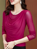 Women's Solid Color Mesh Patchwork O-Neck Long-sleeve Undershirt