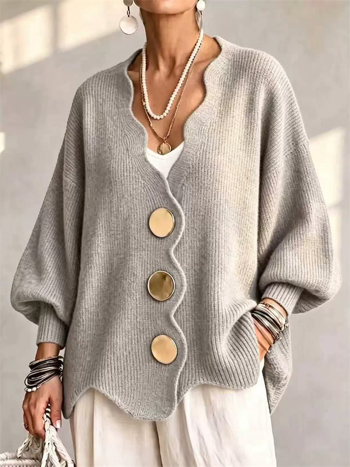 Women Oversized V Neck Knit Cardigan Gold Button Batwing Sweater