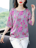 Female Elegant Summer Floral Print O-Neck Half Sleeve Shirt