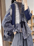 Women's Autumn Blue Printed Long Sleeve Lace Up Cardigan Coat