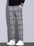 Men's Casual Plaid Elastic Waist Multi-Pocket Straight Fit Pants