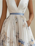 Women's Elegant V-Neck Print Holiday Style Sleeveless Pleated Dress