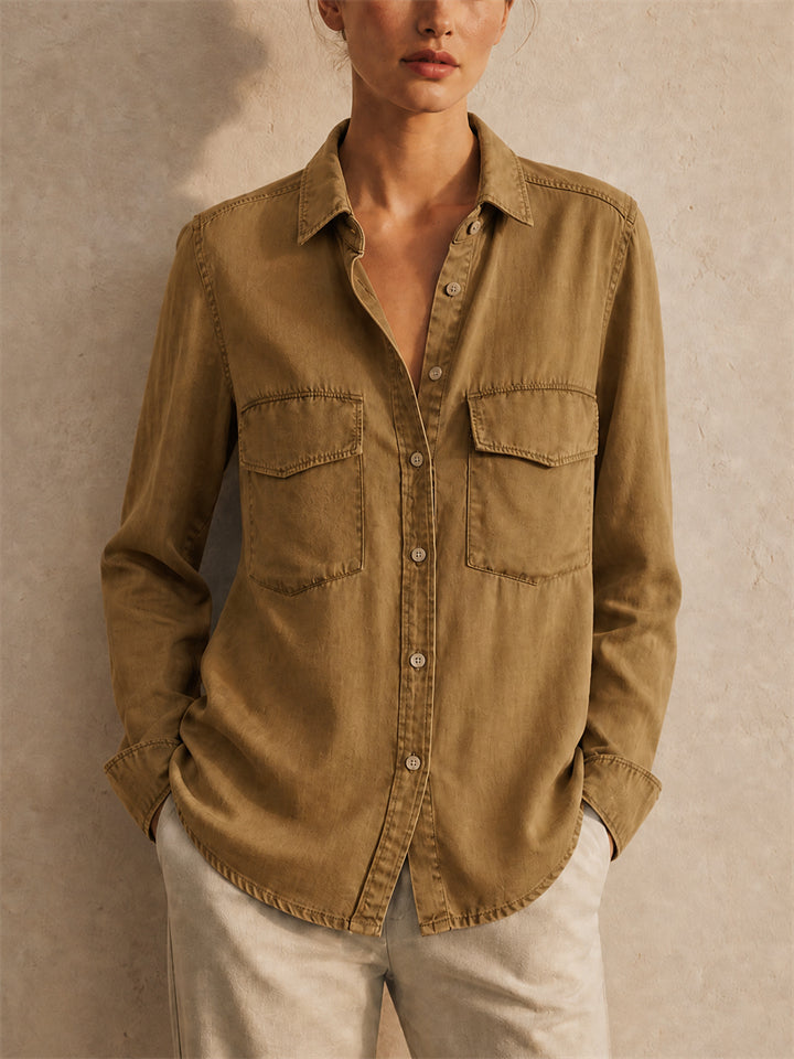 Women Chambray Denim Shirt Button Down Long Sleeve Pockets Top