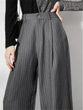 Women's Gray Stripe High-Waist Office Wide Leg Pants
