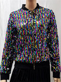 Women's Casual Contrast Color Sequin Stand Collar Zip Jacket