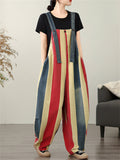 Women's Contrast Color Stripe Overall Denim Cropped Jumpsuits