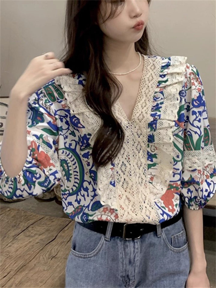 Women's French Style Summer Printed Lace Patchwork Puffed Sleeve Shirts