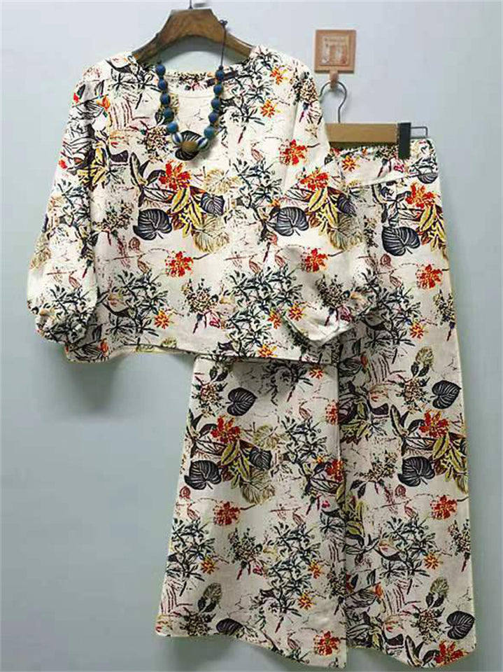 Women's 2pcs Casual Print Round Neck Top & Wide Leg Pants Set