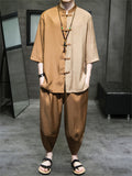 Men's 2Pcs Cool Contrast Color 3/4 Sleeve Stand Collar TangSuit Outfits