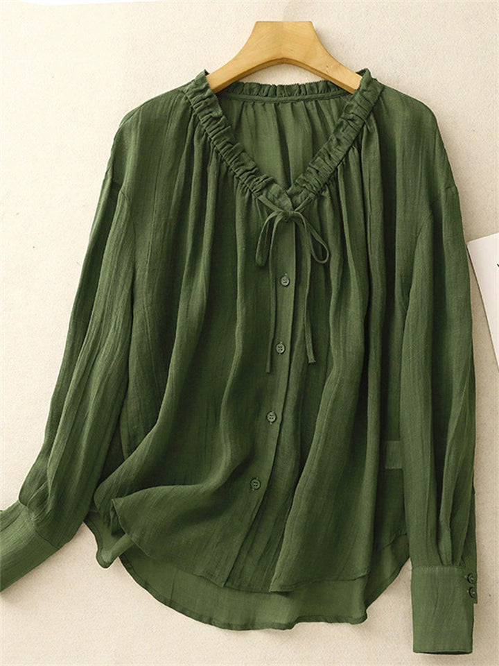 Women's French Style Green  Button Up V Neck Long Sleeve Shirt