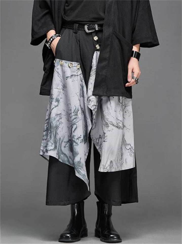 Japanese Style Contrast Color Patchwork Wide Leg Cropped Pants for Men