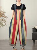 Women's Contrast Color Stripe Overall Denim Cropped Jumpsuits