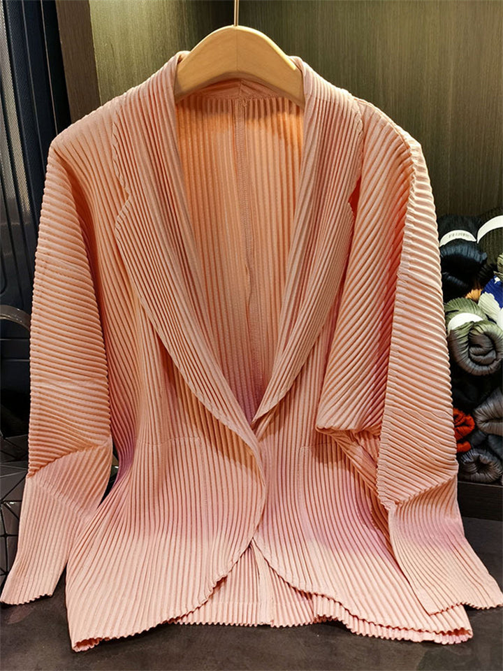 Simple Japanese Style Textured Pleated Lapel Jacket for Women
