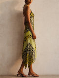 Women Leopard Print Halter Backless Cutout Asymmetric Midi Dress