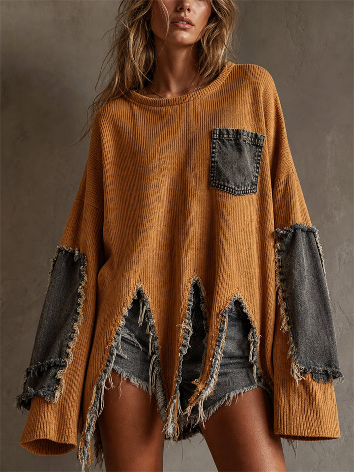 Womens Oversized Distressed Ribbed Knit Denim Patch Sweater
