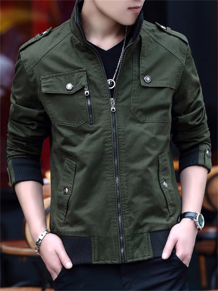 Men's Casual  Autumn Solid Color Cotton Stand Collar Cargo Jackets