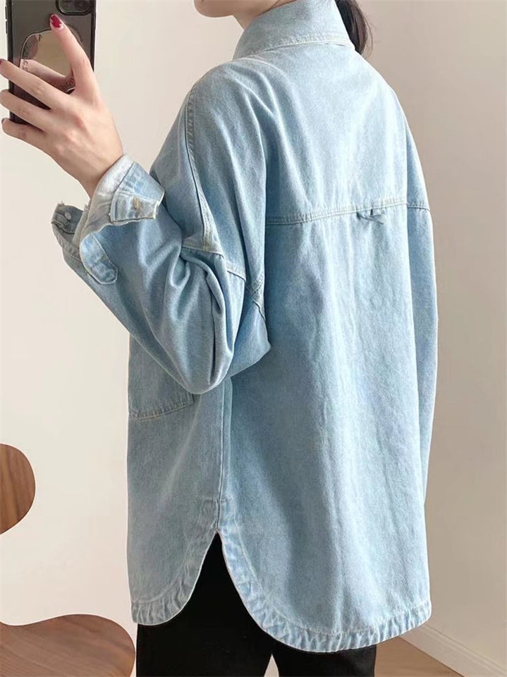 Women's Autumn Solid Color Loose Lapel Long Sleeve Cardigan Denim Shirts