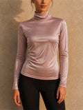 Women Mulberry Silk Slim Fit Turtleneck Long Sleeve Stretch Shirt