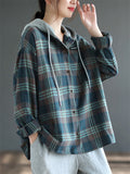 Women's Retro Plaid Contrast Color Long Sleeve Hooded Shirts