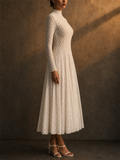 Women White Mock Neck Geometric Lace Long Sleeve Maxi Dress