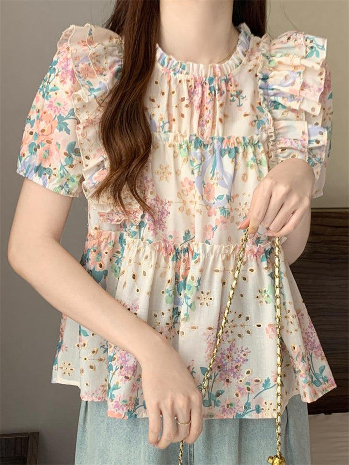 Women's Summer Sweet Style Floral Printed Puffed Sleeve Shirts