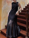 Women's Elegant Solid Color Hollow Patchwork Sleeveless Dress