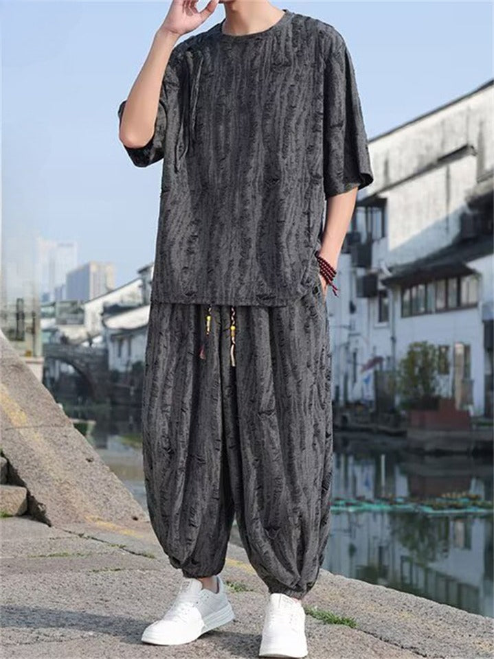 Men's Chinese Style Distressed Texture Pattern Loose Short Sleeve Pants Set