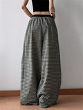 Retro Women's Black and Whiite Plaid Drawstring Wide Leg Straight Pants