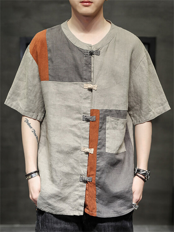 Men's Chinese Style Contrast Color Pockets Round Neck Shirts